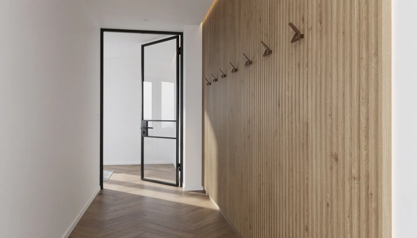 De afbeelding toont een hal met een stijlvolle eiken lattenwand kapstok, waar jassen en tassen aan de dubbele kapstokhaken hangen. De visgraatvloer en de zwarte stalen deur dragen bij aan de unieke uitstraling van deze smalle gang.