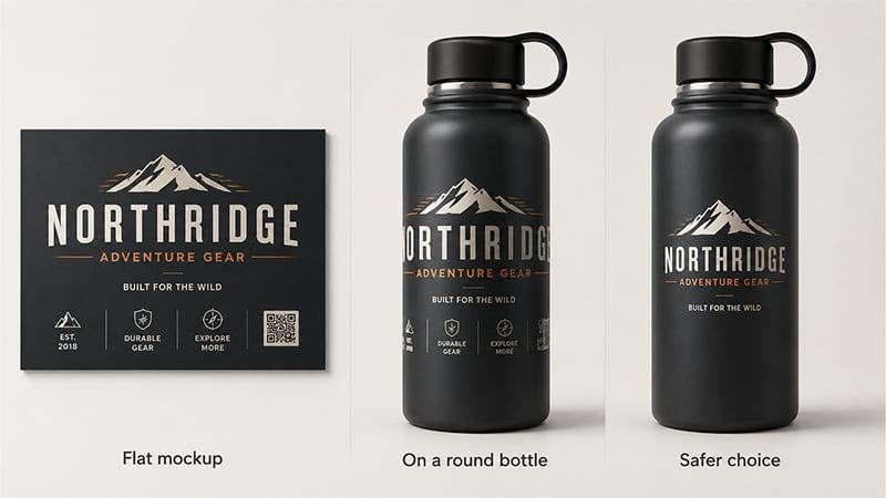 Logo mockup comparison showing how flat artwork changes on a round water bottle