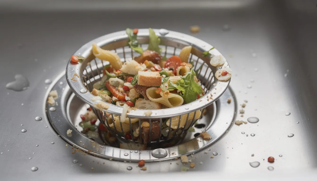 The image shows a kitchen sink equipped with a drain strainer that effectively catches food particles and debris, helping to prevent clogs and maintain proper flow in the drain pipes. This simple tool is essential for avoiding common drain problems and ensuring efficient drainage in residential plumbing.