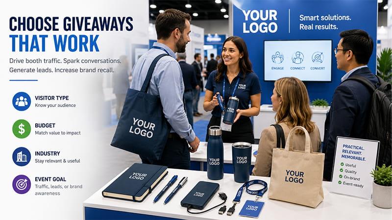 Trade show booth giveaway display showing branded bags, drinkware, notebooks, pens, and tech accessories.