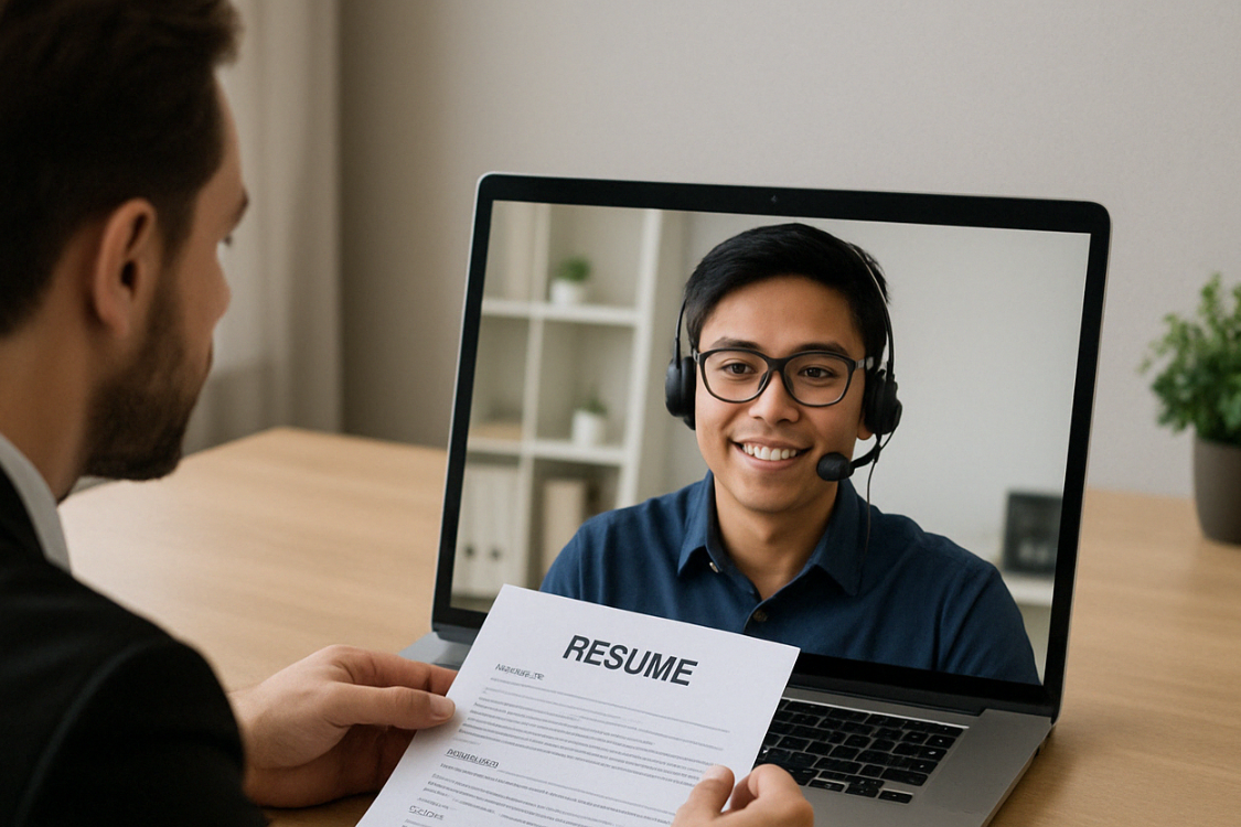 Remote job interview in progress with recruiter holding resume while candidate smiles on video call