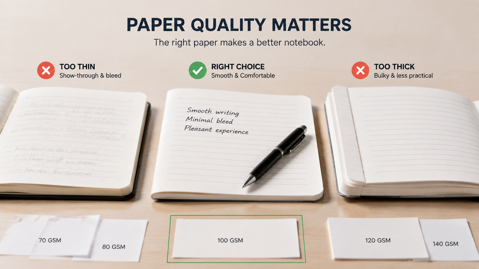 Notebook paper weights from 70 to 140 GSM compared for thickness and writing quality
