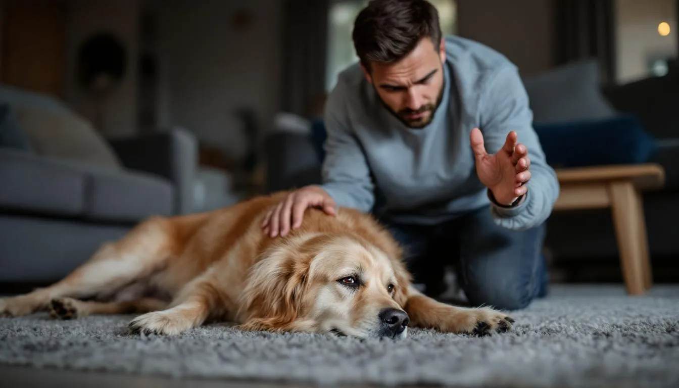 A concerned owner watches their dog during a mild seizure episode, displaying signs of abnormal electrical activity in the dog