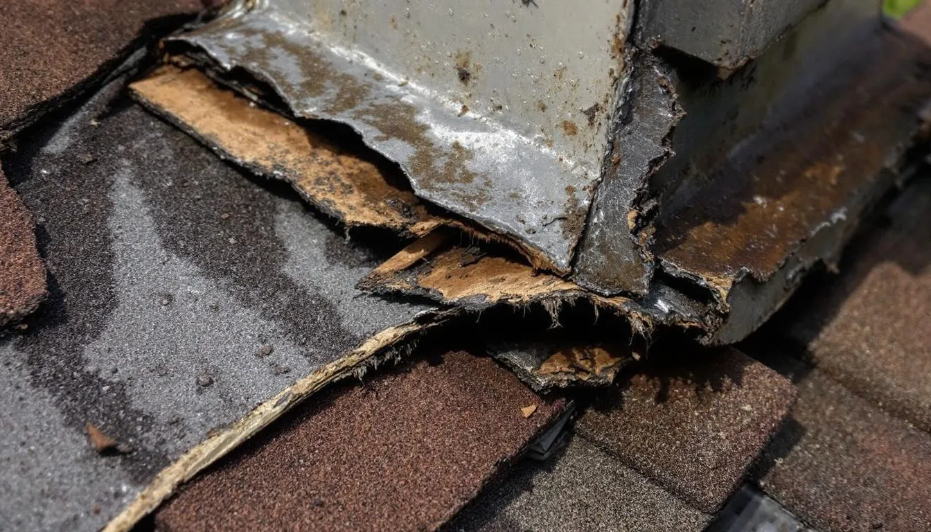 A close-up view of damaged roof shingles and flashing reveals significant storm damage after Arizona's monsoon season, highlighting missing tiles and signs of moisture buildup that could lead to costly repairs if not addressed promptly. This image underscores the importance of regular roof inspections to prevent further damage and ensure the roofing system remains in good condition.