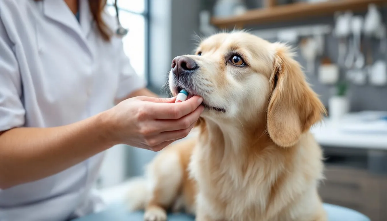 A veterinarian gently applies ear drops into a calm dog