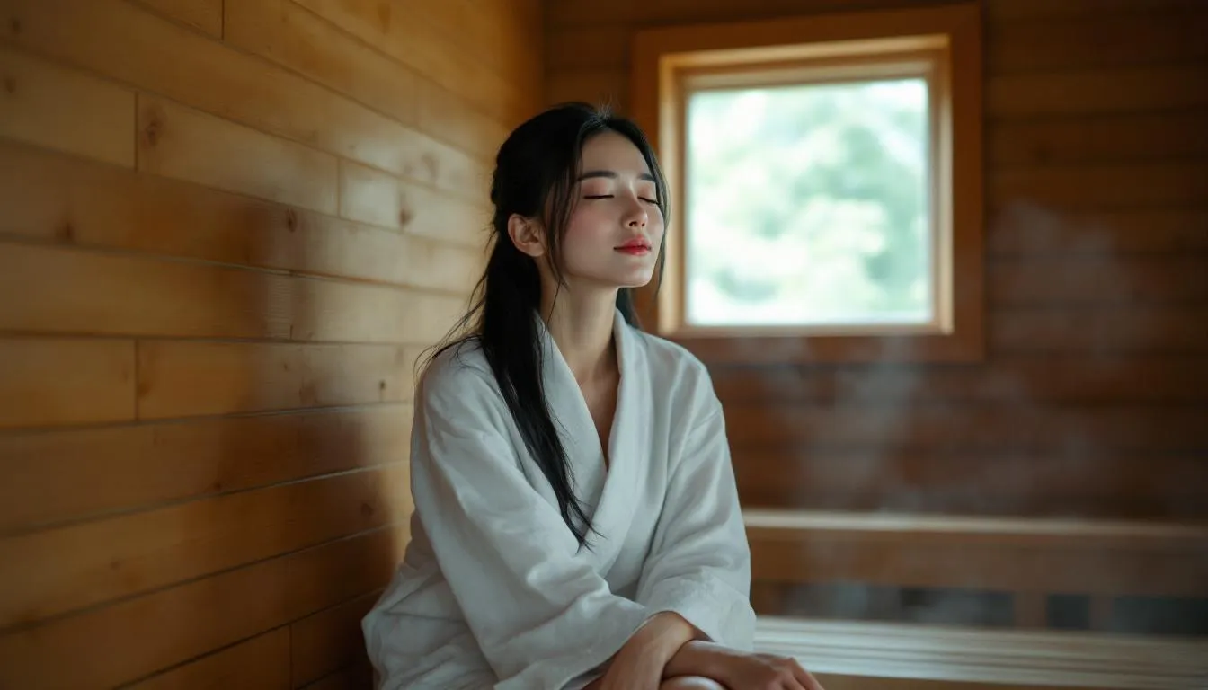 The image depicts a serene Japanese woman enjoying a sauna session, surrounded by wooden panels and soft lighting, emphasizing the calming atmosphere that promotes stress reduction and overall well-being. Regular sauna bathing is associated with myriad health benefits, including improved cardiovascular function and support for longevity.