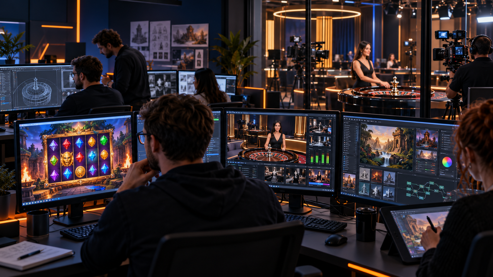 Ontwikkelaars werken aan een online gokkast en een live casinostream in een studio.
