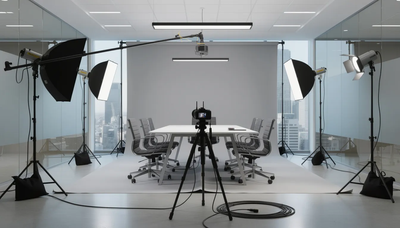The image shows a well-organized conference room prepared for a professional headshot session, featuring bright photography lighting equipment and a clean backdrop. This setup is ideal for capturing high-resolution corporate headshots that enhance personal brands and make great first impressions for marketing materials and professional profiles.