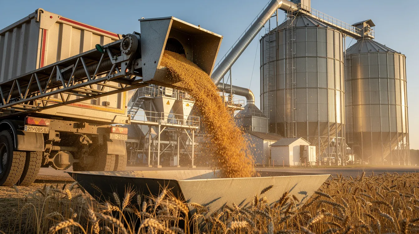 The image shows industrial wheat grain being loaded into a large milling facility, with metal silos in the background, highlighting the flour mill industry's advanced machinery and processing wheat for products like atta, maida, and suji. This scene reflects the scale and efficiency of a flour mill project, essential for meeting the rising consumption of wheat-based products.