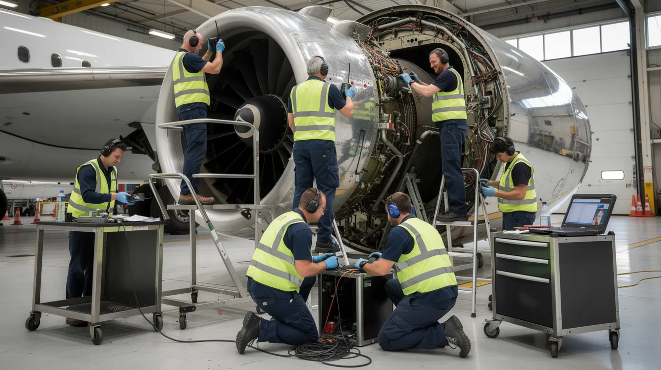 A group of aircraft maintenance apprentices is actively working around an aircraft engine in a spacious hangar, gaining hands-on experience as part of their aviation apprenticeship program. This real-world training is designed to prepare them for a career as maintenance technicians, where they will develop the skills required for certification and excel in the industry.