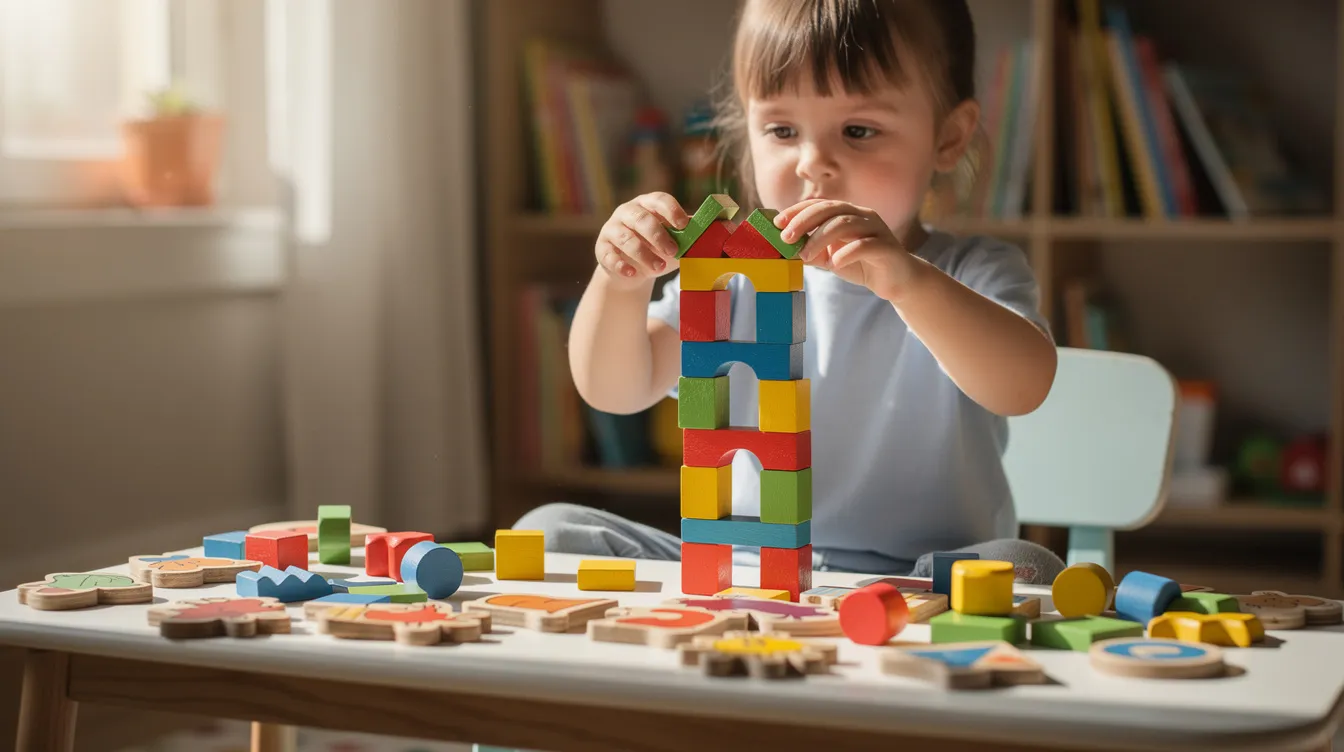 A child is focused on building a colorful structure using wooden blocks and puzzles on a table, showcasing a vibrant learning environment that supports the development of their skills. This playful activity encourages exploration and enhances learning through hands-on engagement, reflecting inclusive education practices.
