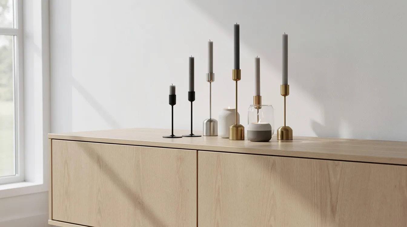En skandinavisk sidobord med ljusstakar och ljuslyktor i olika höjder är vackert arrangerade. De levande ljusen i dessa designprodukter skapar en mysig atmosfär i hemmet.