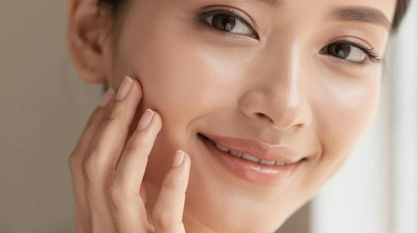 A close-up of a woman gently touching her cheek in natural light, showcasing her healthy and clear skin. Her complexion appears youthful and vibrant, reflecting the benefits of a consistent skincare routine that targets signs of skin ageing and promotes long-lasting hydration.