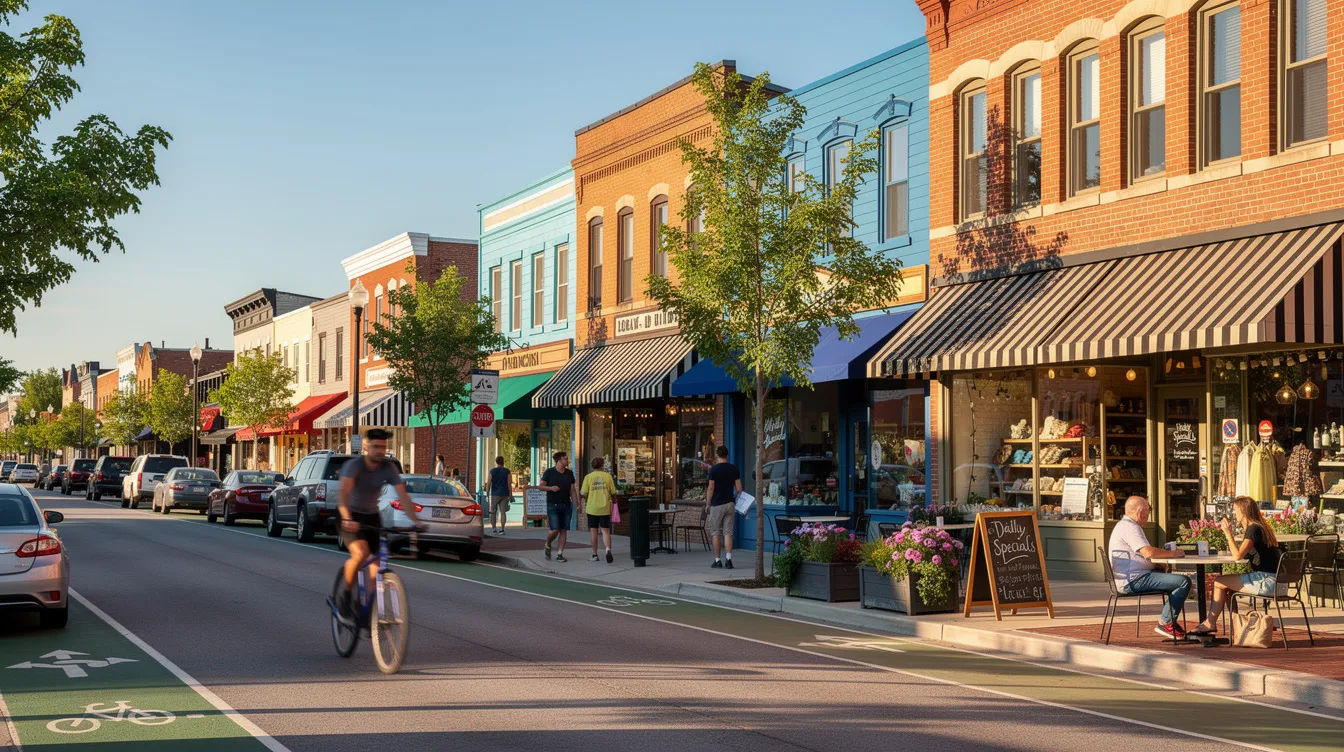 The image depicts a lively main street filled with small shops, where pedestrians stroll leisurely, enjoying the vibrant atmosphere. This scene reflects the charm of local retail, where loyalty programs and exclusive discounts may entice customers to earn rewards points during their everyday purchases.