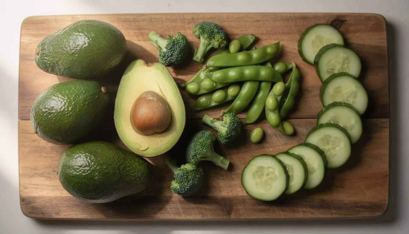 A wooden cutting board showcases a vibrant arrangement of fresh avocados, broccoli florets, edamame pods, and cucumbers, highlighting the health benefits of nmn-rich vegetables that contribute to overall health and energy metabolism. This colorful display emphasizes the importance of incorporating nutrient-dense foods into a balanced diet for optimal cognitive health and cellular energy.
