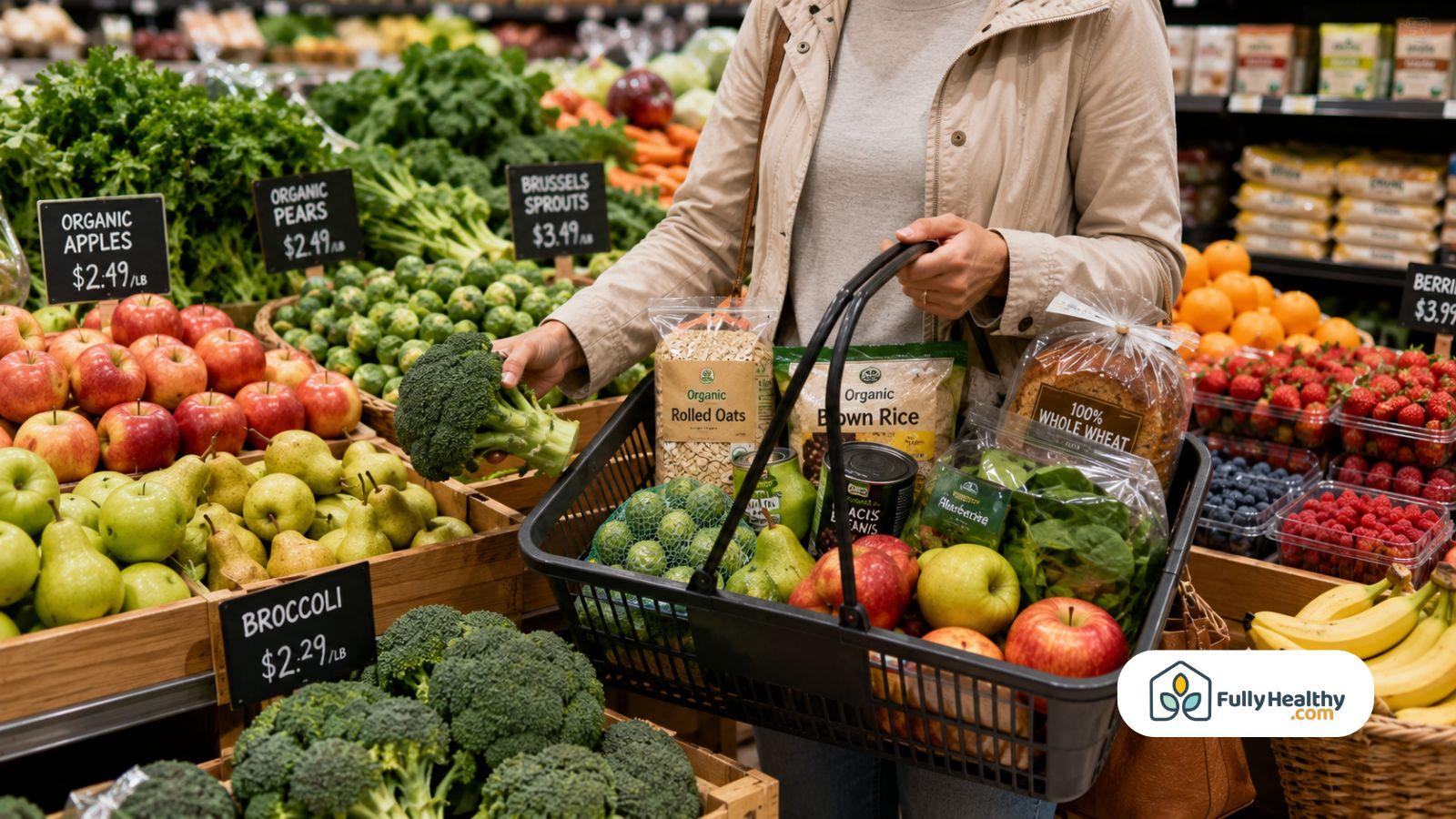 Shopping basket filled with fiber-rich foods including fruits vegetables and whole grains