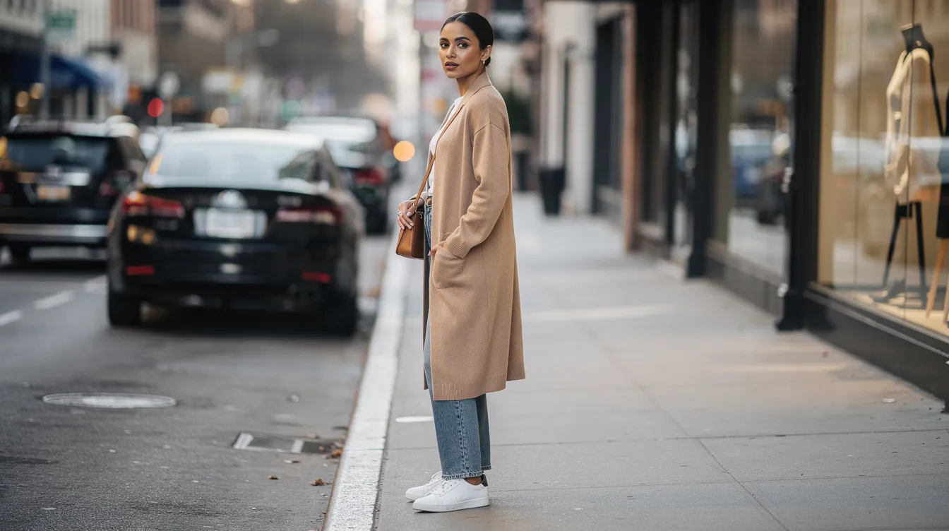 A woman stands on a city sidewalk wearing a camel-colored long cardigan layered over casual jeans and white sneakers, creating a stylish and comfortable outfit perfect for a day out. The lightweight cardigan adds warmth and elevates her look, making it an ideal piece for any season.