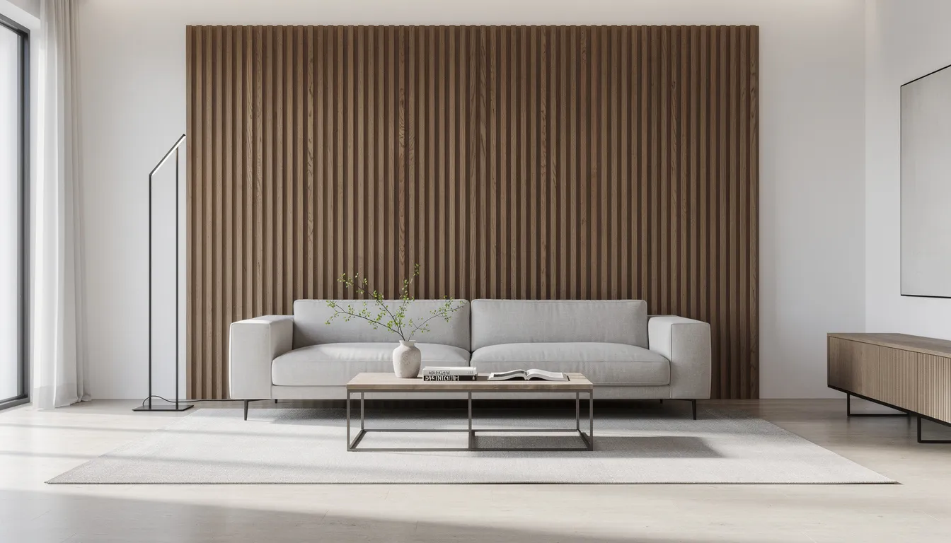 Een moderne woonkamer met een stijlvolle lattenwand in een warme eiken houttint, die achter een designbank is geplaatst. De wandpanelen creëren een gezellige sfeer en voegen diepte toe aan de ruimte.