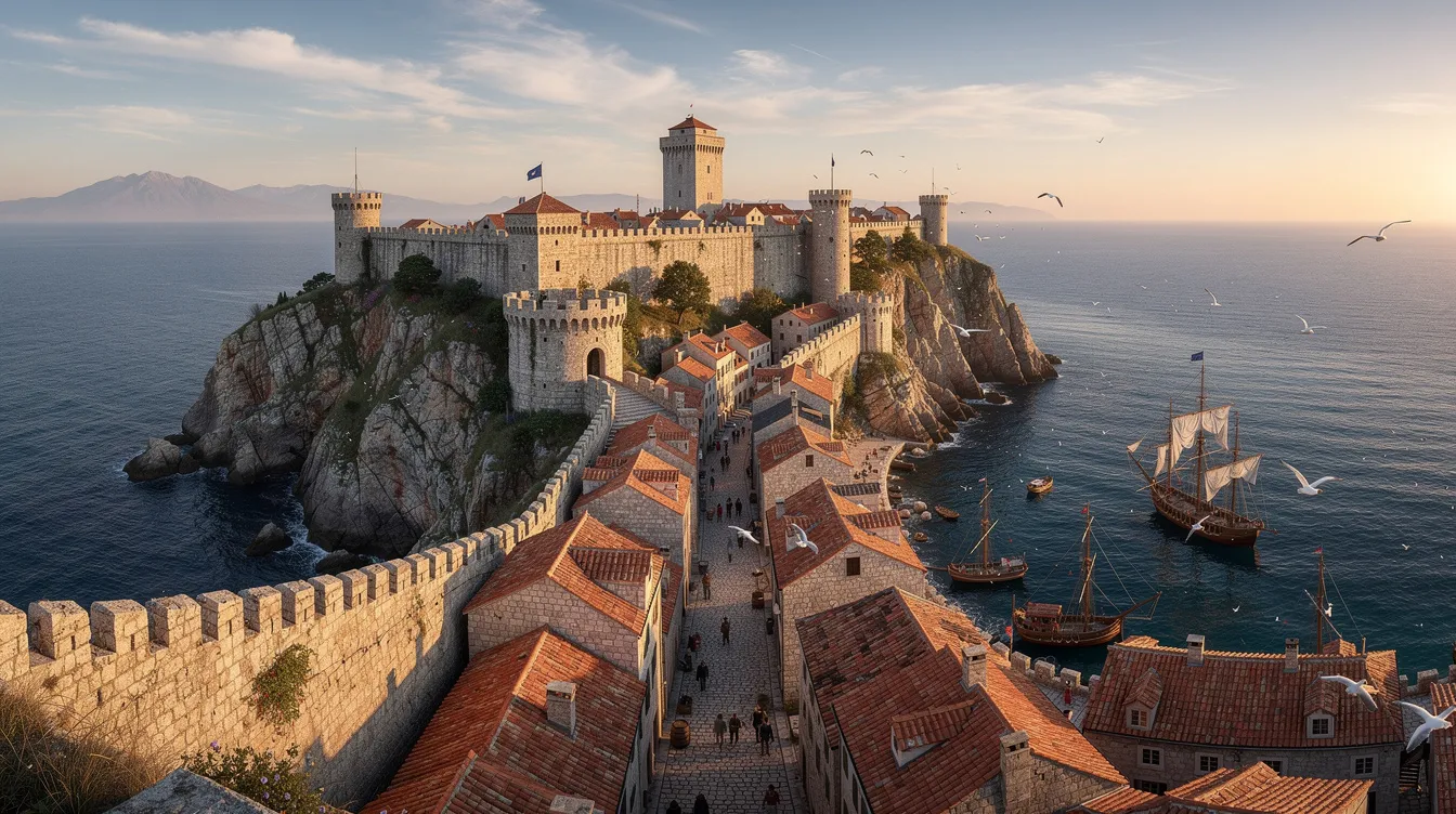 Vista panorâmica de uma cidade medieval costeira, com suas muralhas antigas cercando o mar azul. A imagem captura a beleza arquitetônica e a atmosfera histórica do local, que remete à rica cultura da Croácia.