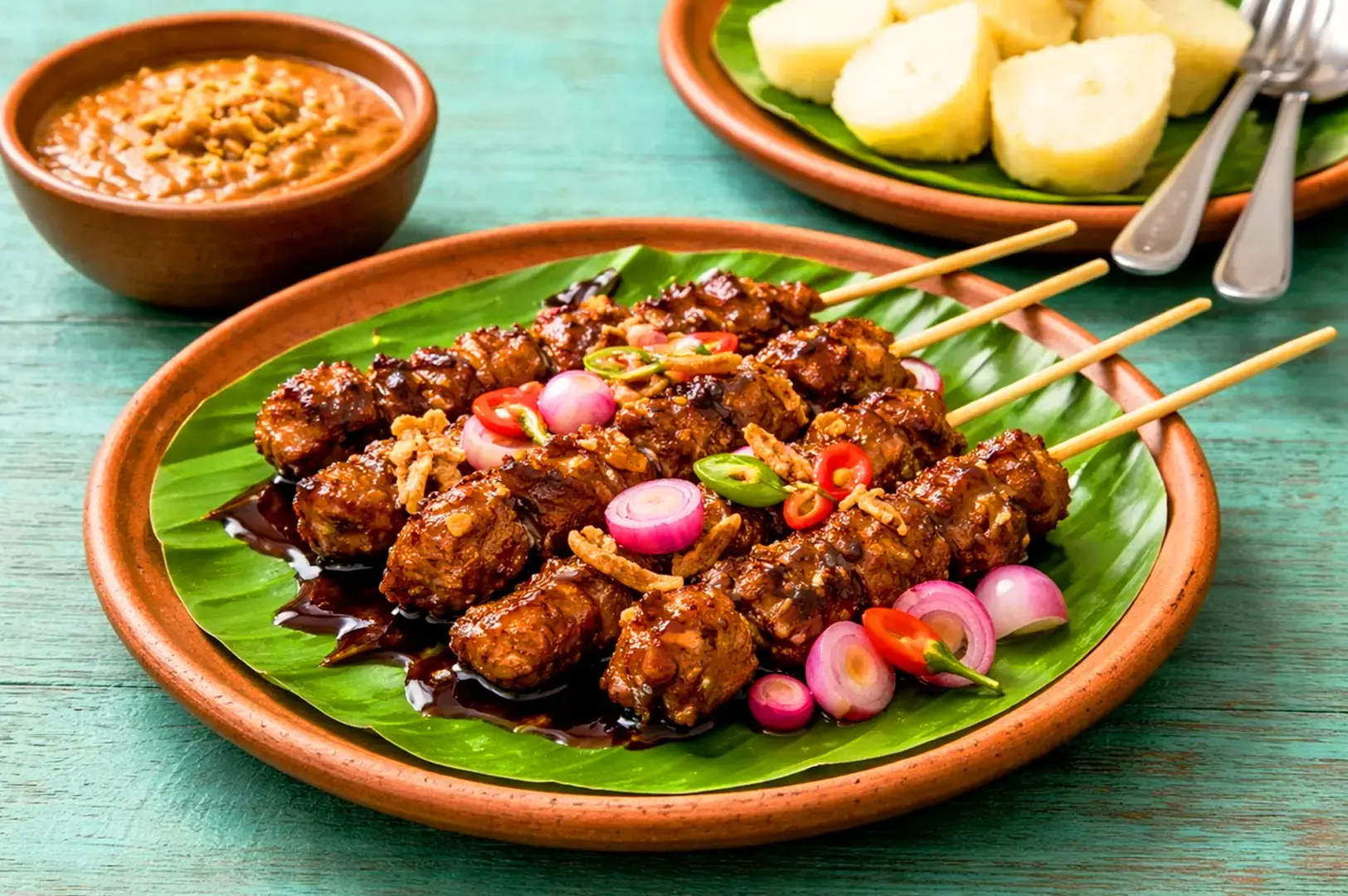 Indonesian chicken satay with sweet soy sauce, shallots, chilies and banana leaf