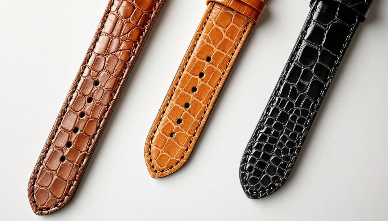 The image showcases a variety of exotic leather strap samples, highlighting unique textures and patterns from alligator and ostrich leather. These luxurious straps are perfect for enhancing the elegance of watches like the Rolex Explorer, making them a popular choice for both everyday wear and dress watches.
