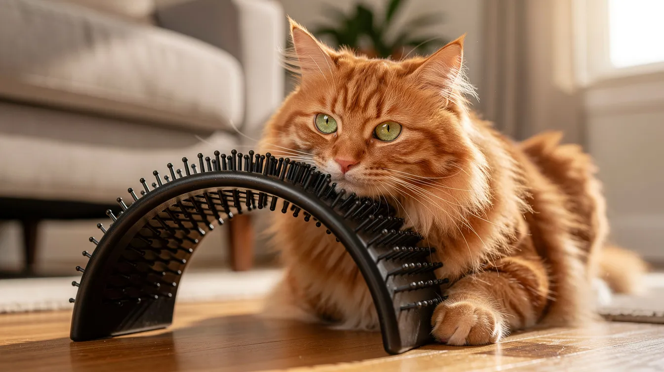 A fluffy orange tabby cat is happily rubbing its cheek against a curved bristle arch on the living room floor, enjoying the self grooming benefits of this cat arch self groomer. The flexible bristles help remove loose hair while providing a gentle massage, making it an ideal grooming tool for indoor cats.