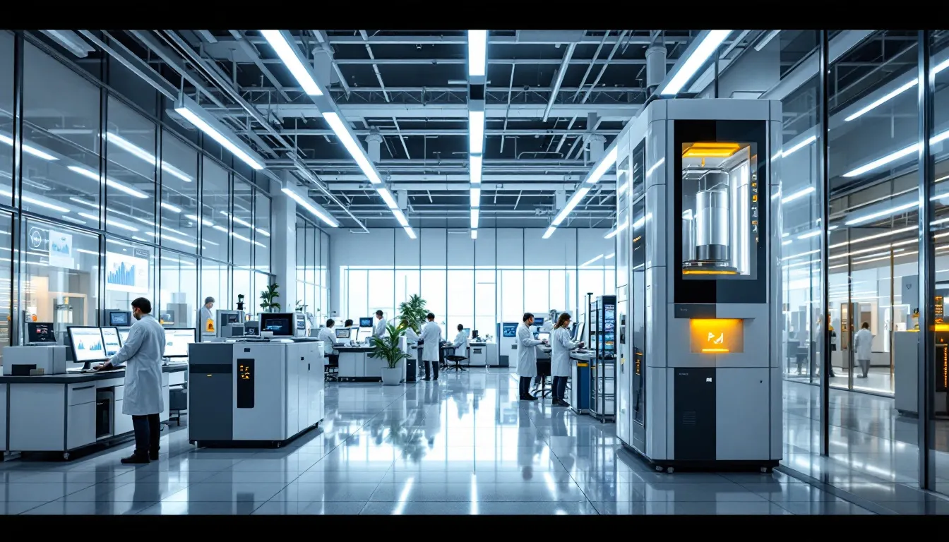 In der modernen Forschungsanlage für Batterietechnologien sind verschiedene Solaranlagen installiert, die Sonnenenergie in Strom umwandeln, während Forscher an Lithium-Ionen-Batterien und anderen Speicherlösungen arbeiten, um die Effizienz der Stromspeicherung zu verbessern. Die Sonne scheint hell auf die Photovoltaikanlage, die als Teil der Energiewende zur nachhaltigen Stromversorgung beiträgt.