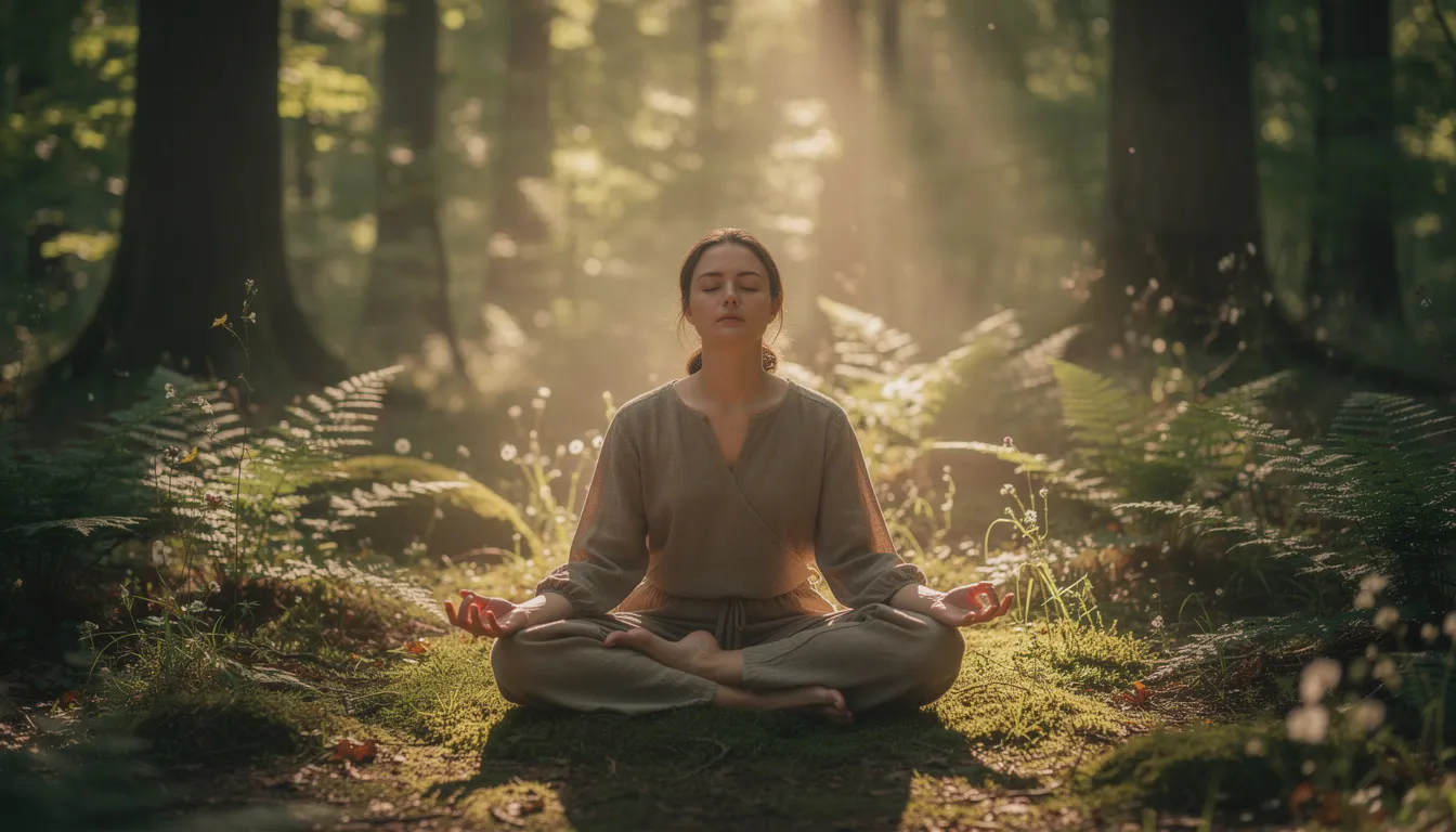 A person is deeply meditating in a serene forest setting, surrounded by tall trees and soft sunlight filtering through the leaves, embodying a moment of spiritual transcendence and connection with nature. This awe-inspiring scene reflects a journey of self-awareness and spiritual growth, inviting a sense of peace and presence in the experience of the divine spirit.