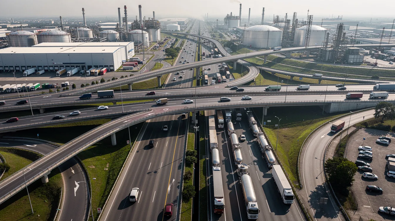 An aerial view captures a bustling highway intersection filled with commercial traffic, including several tanker trucks, situated near an industrial corridor. This scene highlights the busy nature of major freight corridors where truck accidents can occur, emphasizing the importance of experienced truck accident attorneys for those injured in such incidents.