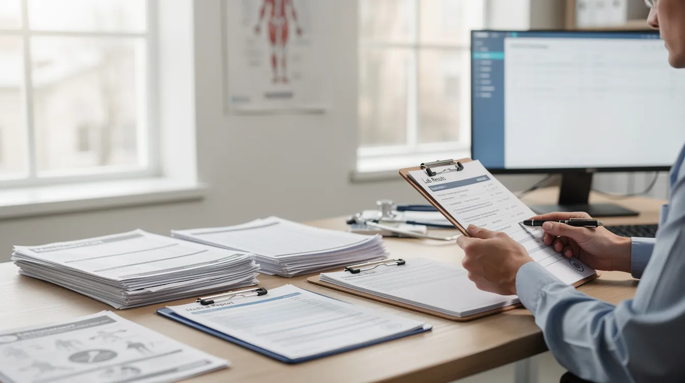 The image depicts a person sitting at a desk, intently reviewing medical documents and test results, which may include blood test outcomes and biological age estimates. This scene highlights the importance of understanding health status and aging processes through tools like a biological age calculator for assessing overall health and longevity.
