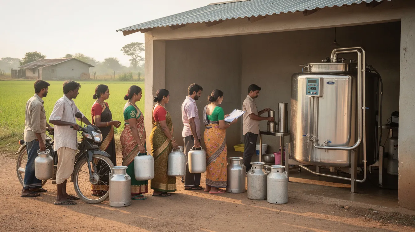 The image depicts a rural village milk collection center, featuring a stainless steel bulk milk cooler where farmers are queuing with their milk containers. This scene highlights the essential role of milk procurement in the dairy industry, showcasing the process of collecting raw material for ghee manufacturing and other traditional dairy products.