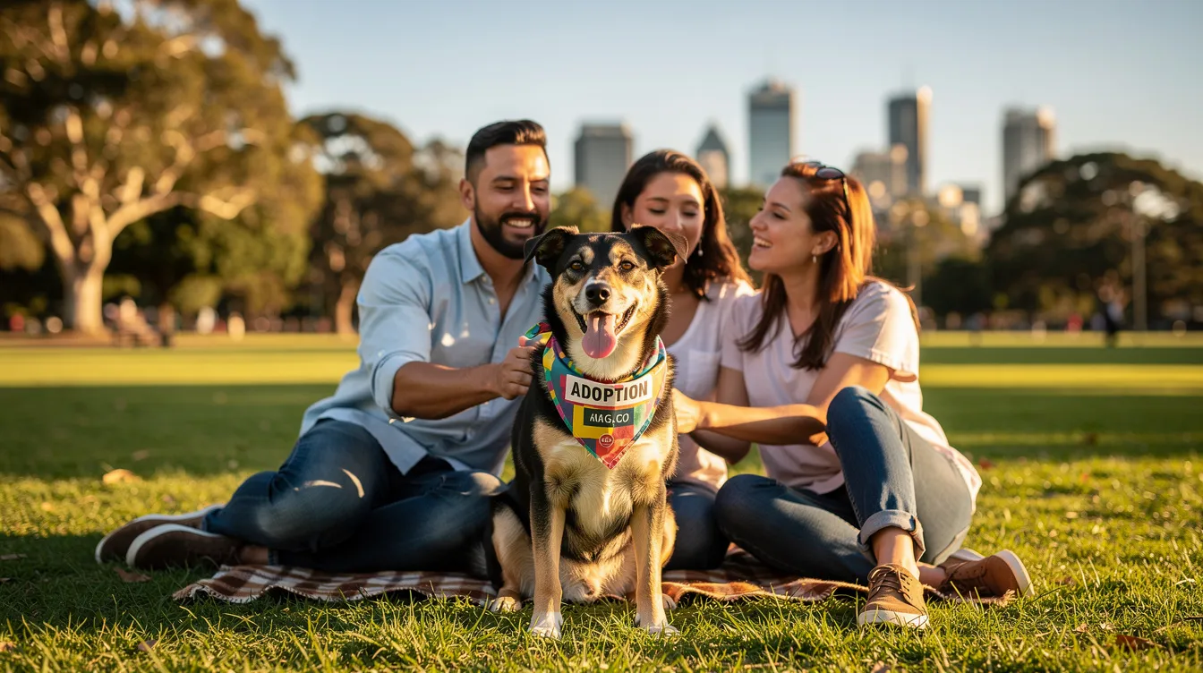 Ein glücklicher geretteter Hund sitzt mit einer lächelnden Familie in einem sonnigen Park in Sydney und genießt die gemeinsame Zeit. Diese Szene unterstreicht die Freude an der Tieradoption und die Bedeutung, Tieren eine zweite Chance zu geben, ihr dauerhaftes Zuhause zu finden.