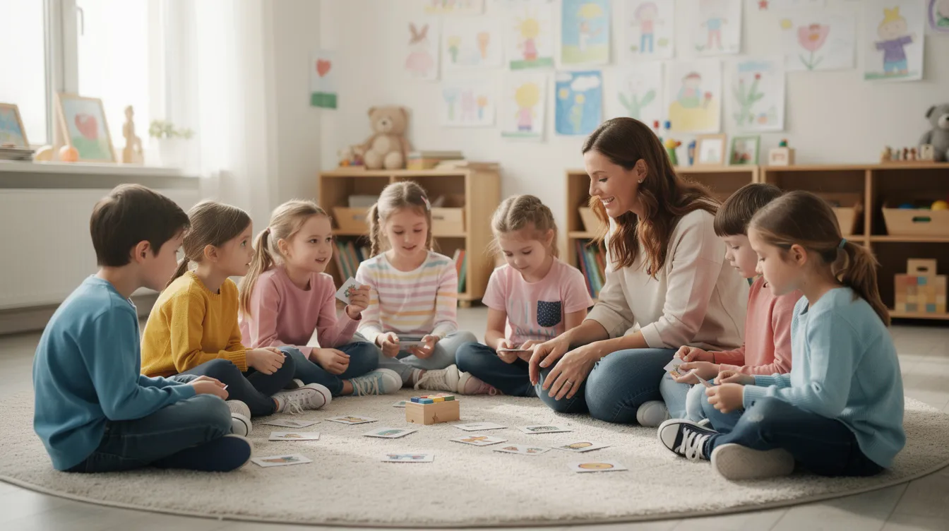 Na obrazku widać grupę dzieci siedzących w kręgu podczas spokojnych zajęć z nauczycielem, które mają na celu rozwijanie inteligencji emocjonalnej. Dzieci angażują się w wyrażanie różnych emocji i uczą się rozumienia swoich uczuć oraz budowania relacji z innymi.