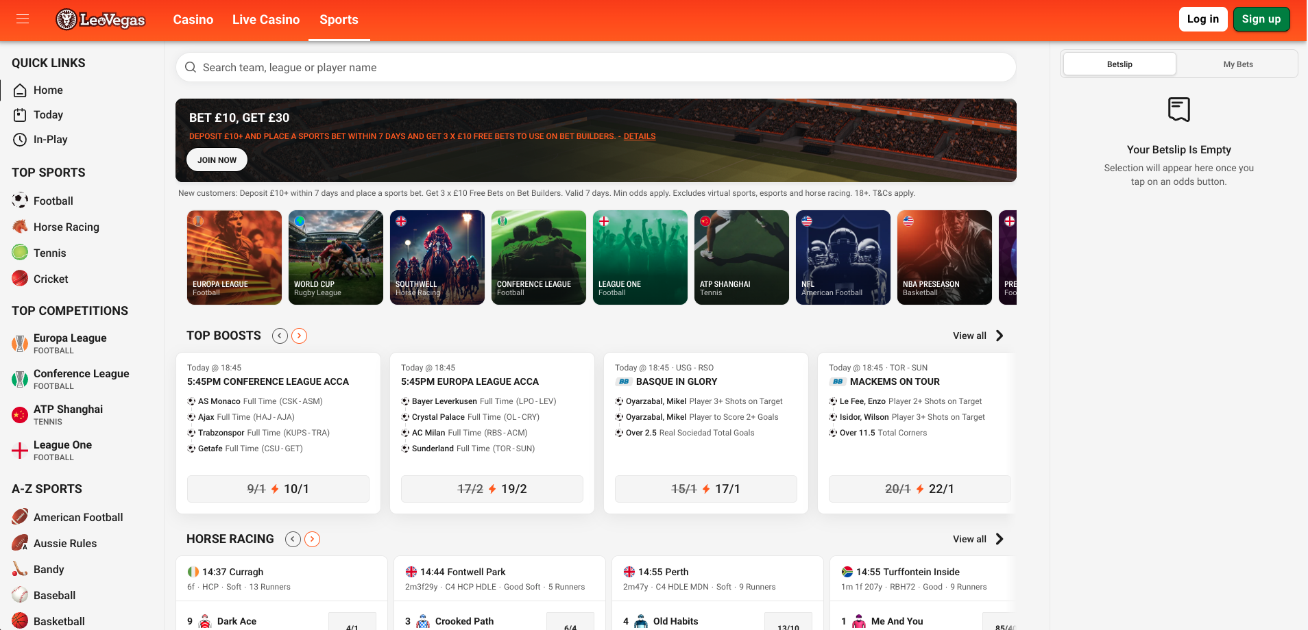 LeoVegas sports betting site displaying football markets, horse racing events, odds boosts and betting promotions.