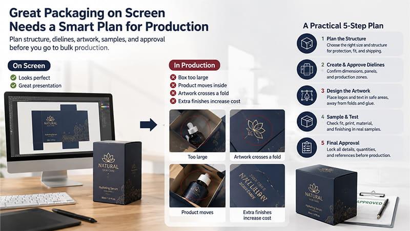 Packaging design review comparing digital mockups with real production requirements