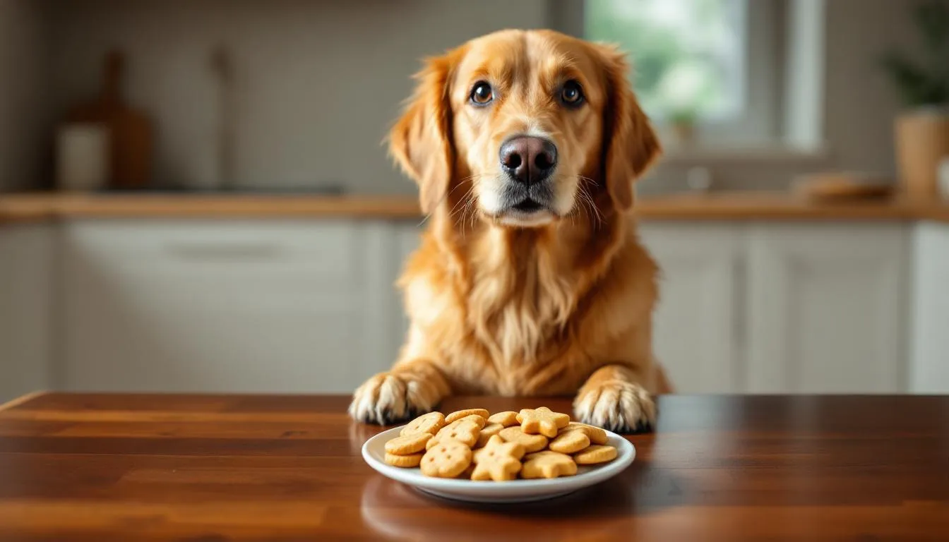 A curious dog gazes up at a plate filled with various tasty treats, including both human biscuits and dog biscuits, placed on a table. This scene highlights the dog