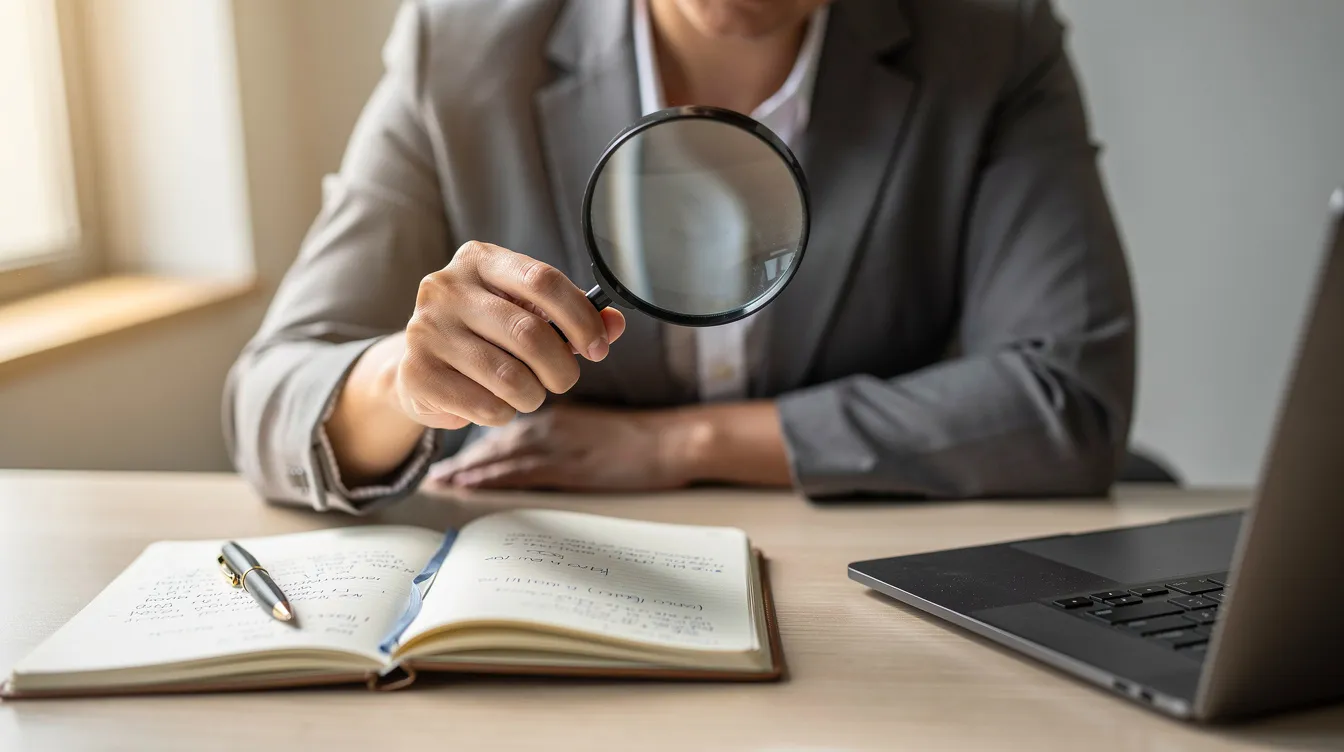 Eine Person untersucht sorgfältig ein Produkt mit einer Lupe auf einem Schreibtisch, um die Details und die Qualität zu überprüfen. Dies könnte darauf hindeuten, dass sie sich über die Seriosität des Produkts auf einer Online-Plattform wie AliExpress informieren möchte.
