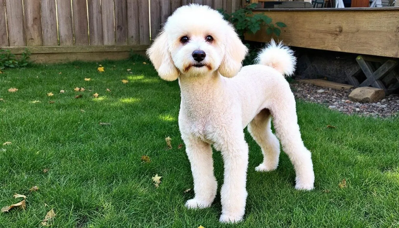 A mini poodle stands proudly in a grassy yard, showcasing its compact and athletic build, with a curly coat that highlights its playful and energetic nature. This miniature poodle is known for being highly trainable and makes an excellent companion dog, perfect for various dog sports and activities.