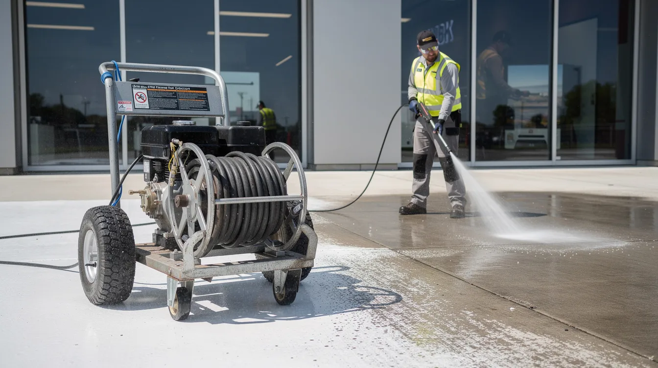 The image features a commercial pressure washing unit on wheels, designed for professional cleaning services. This efficient equipment is ideal for deep cleaning both residential and commercial properties, ensuring a spotless space with minimal effort.