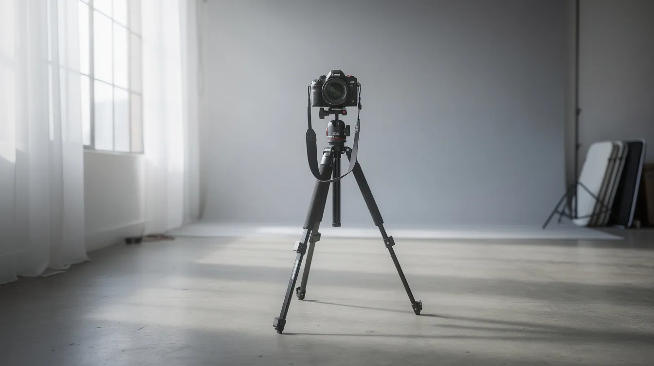 The image features a medium format camera mounted on a sturdy tripod in a serene studio, illuminated by soft window light, ideal for capturing high-resolution images and videos. This setup highlights the camera's excellent image quality and dynamic range, making it perfect for professional photographers engaged in product photography.
