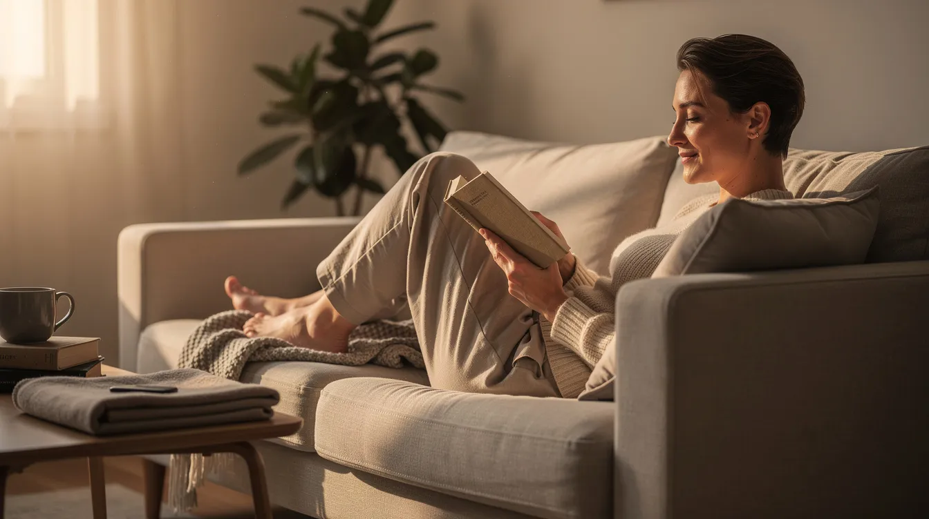 A person is comfortably seated on a couch at home, absorbed in a book while displaying a peaceful expression. This serene moment suggests a sense of relief from chronic pain, possibly aided by methods such as spinal cord stimulation or pain management therapies.