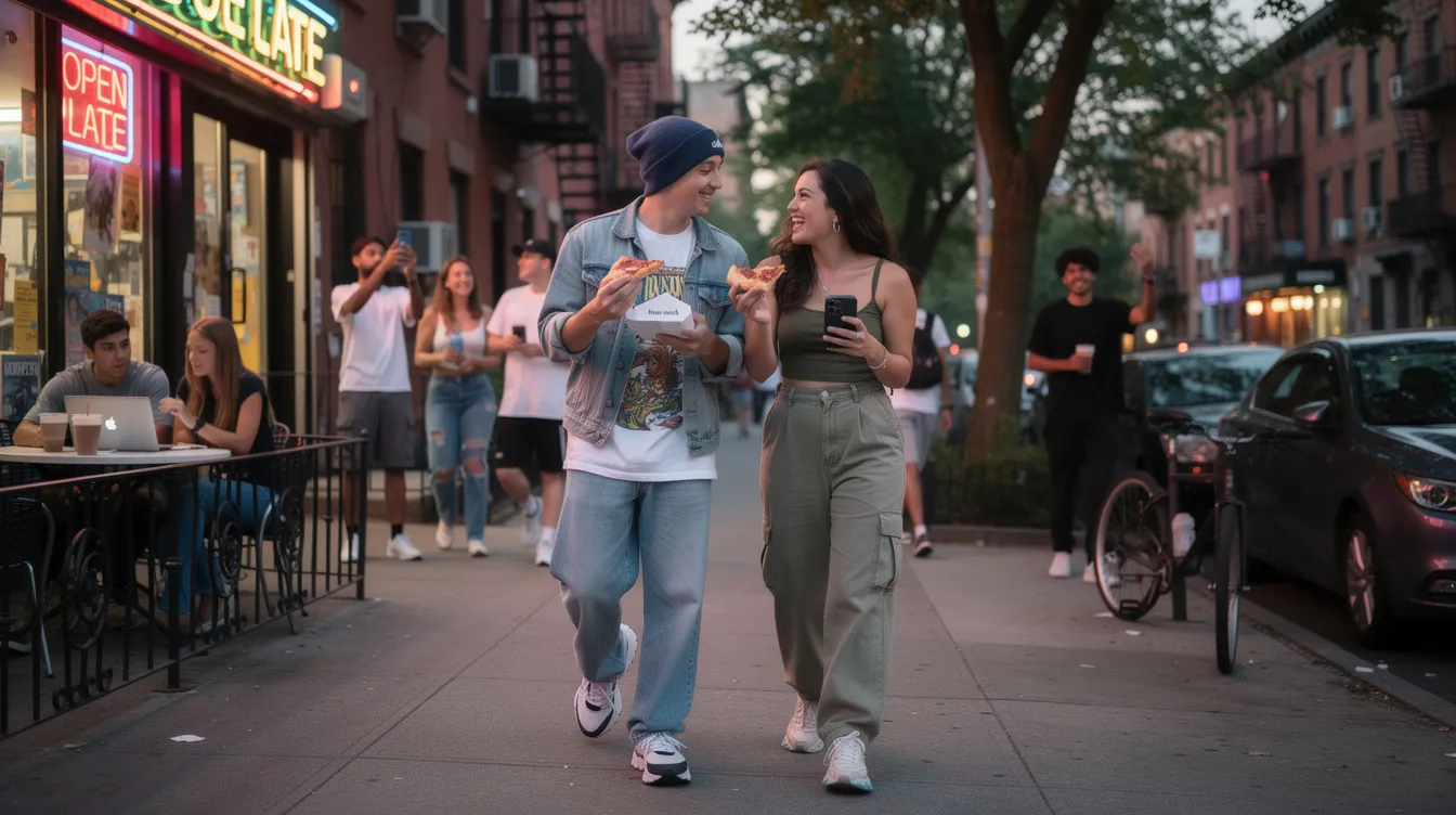 The image depicts a lively Brooklyn scene where young people engage in modern dating, using dating apps and social media to connect with potential partners. The atmosphere reflects the latest dating trends among Gen Z, showcasing a mix of romantic interests and casual interactions in everyday life.