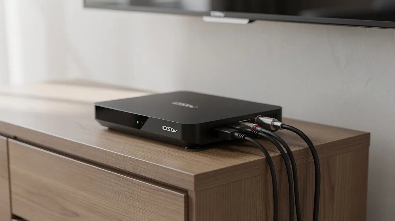 A modern DStv decoder is placed on a TV cabinet, with various cables connected at the back, indicating a typical DStv installation setup. Proper alignment of the satellite dish is essential for optimal signal strength and quality, ensuring a crystal clear picture quality for your favorite shows.