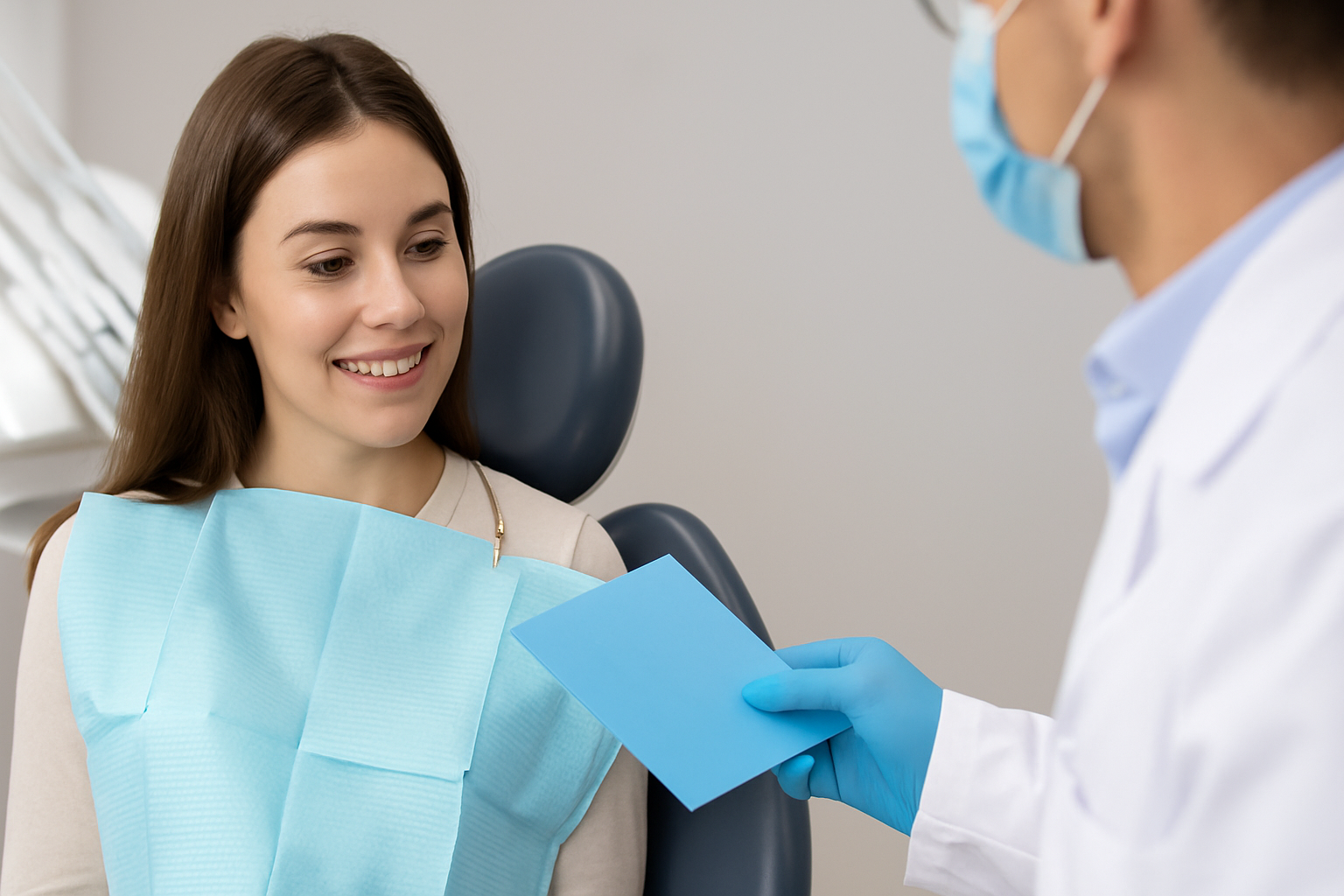 Blå Resept Hos Tannlege: Hvem Får Det og Når? 8 En kvinne får en blå resept fra tannlegen under et besøk, omgitt av moderne tannlegeutstyr i et lyst rom. dekning av utgifter