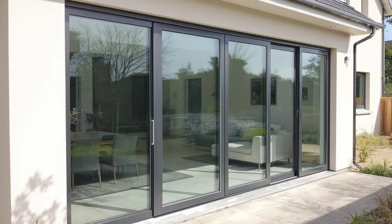 De afbeelding toont een 8 meter brede aluminium schuifpui aan de buitenzijde van een woning, bestaande uit vier schuivende delen. Deze moderne pui biedt een schitterend uitzicht en is ontworpen voor intensief gebruik, met een luxe uitstraling en uitstekende isolatie.