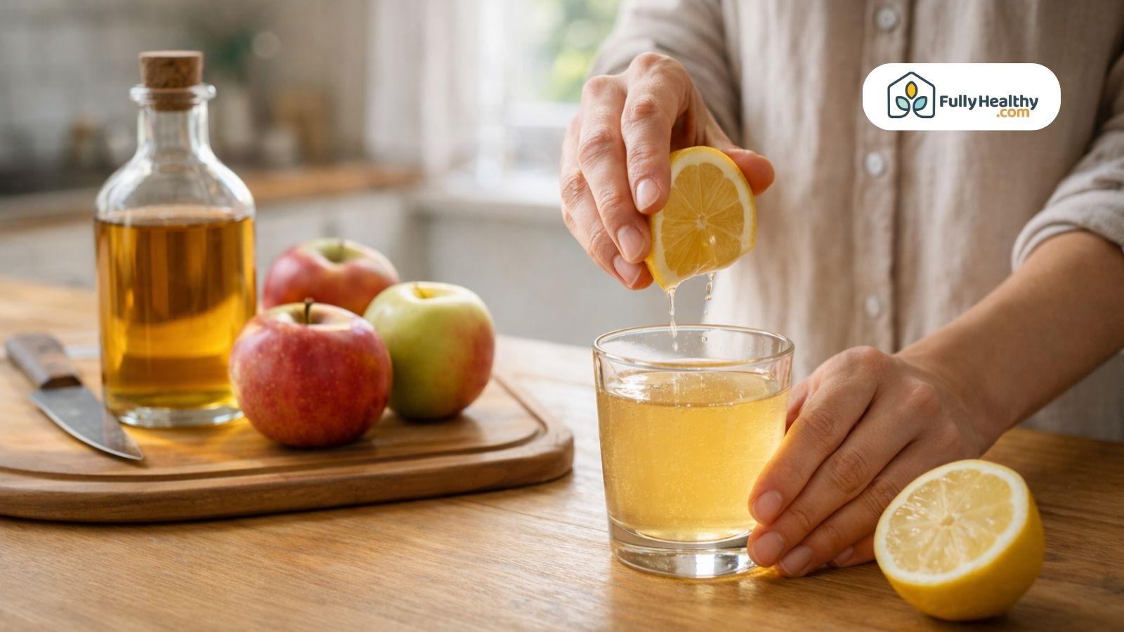 Person squeezing lemon into diluted apple cider vinegar drink on kitchen counter