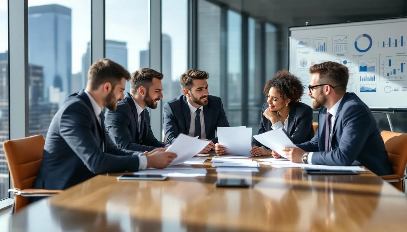 A group of business professionals is gathered around a conference table, reviewing financial statements and legal documents during a buyer meeting. They are discussing the sale process and evaluating potential buyers for a small business, focusing on achieving a successful sale and the best deal for the business owner.