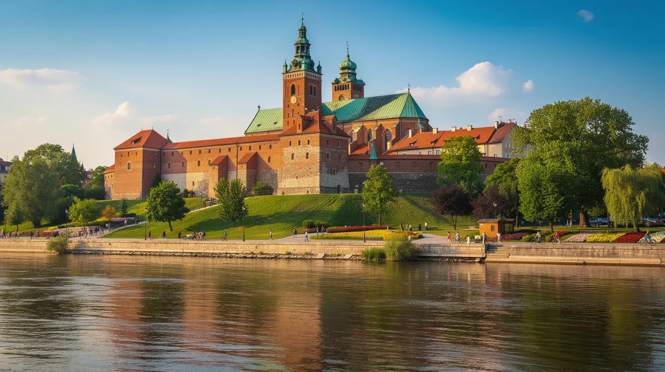 A imagem mostra o majestoso Castelo Real de Wawel, situado na colina de Wawel em Cracóvia, cercado por um vibrante cenário de verão. A arquitetura em estilo gótico e as imponentes muralhas do castelo refletem a rica história e cultura da Polônia, tornando-o um importante ponto turístico e símbolo da cidade.