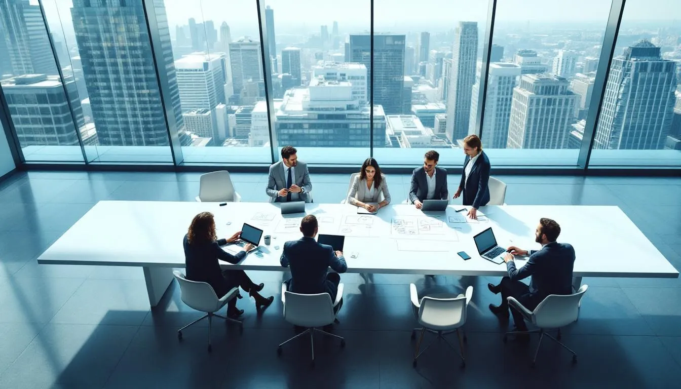 In a modern conference room, a diverse team of professionals collaborates on a business strategy, demonstrating effective leadership skills and engaging in relationship building to enhance their organizational culture. Their focus on leadership development programs reflects their commitment to personal and professional development, aiming to inspire future leaders and improve overall organizational performance.