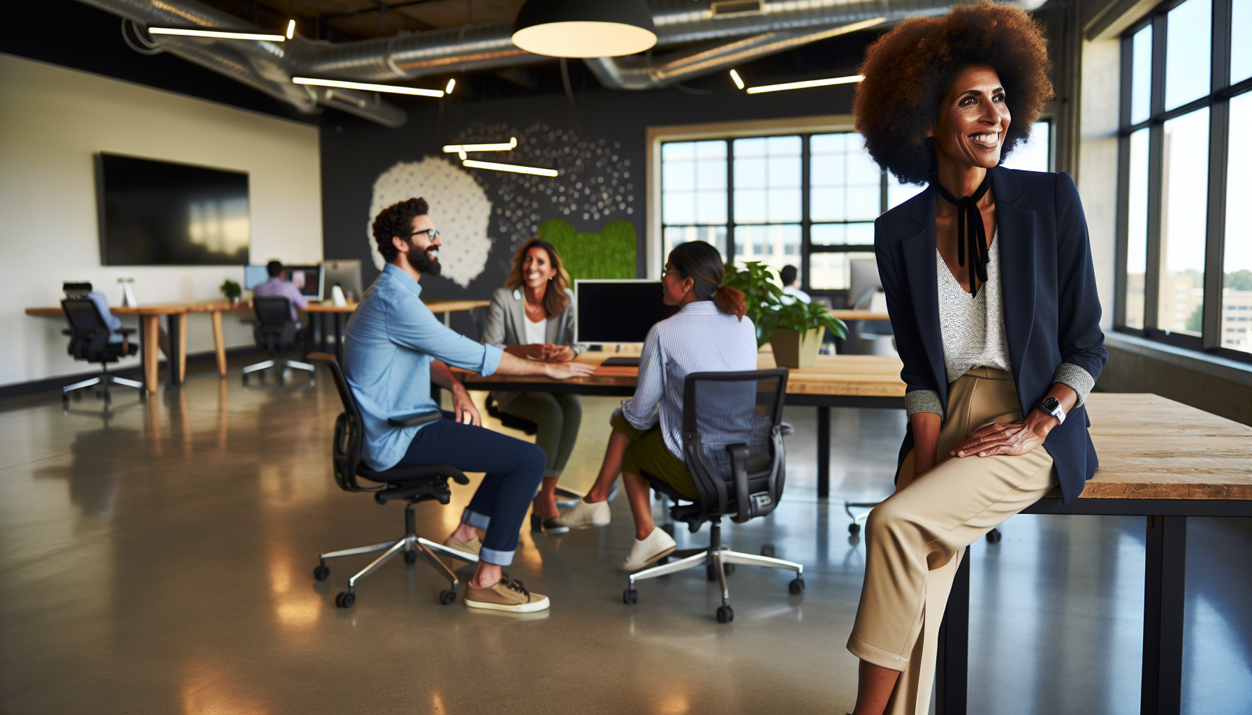Employees in a modern office environment with vibrant company culture